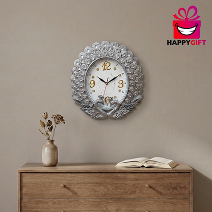 Silver Peacock Wall Clock with Gold Accents – Happy Gift