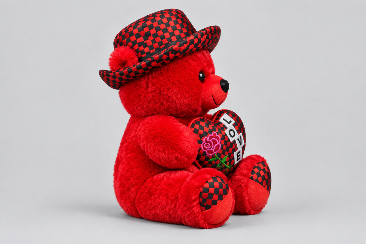 50CM Red Teddy Bear with Checkered Hat and Love Heart | Happy Gift