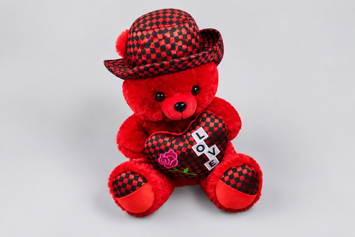 50CM Red Teddy Bear with Checkered Hat and Love Heart | Happy Gift