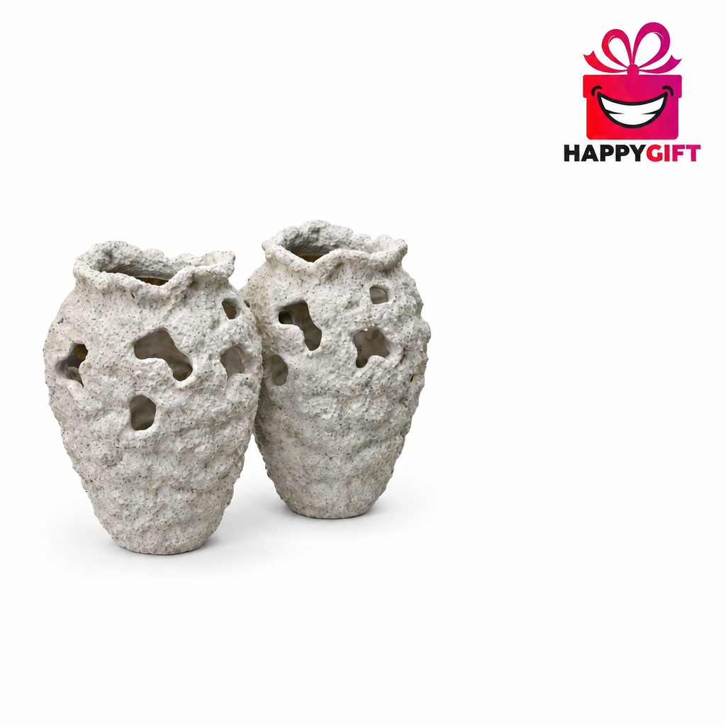 Textured Coral Stone Mini Vases – Pair of Cutout Wabi-Sabi Tabletop Lanterns (EACH)
