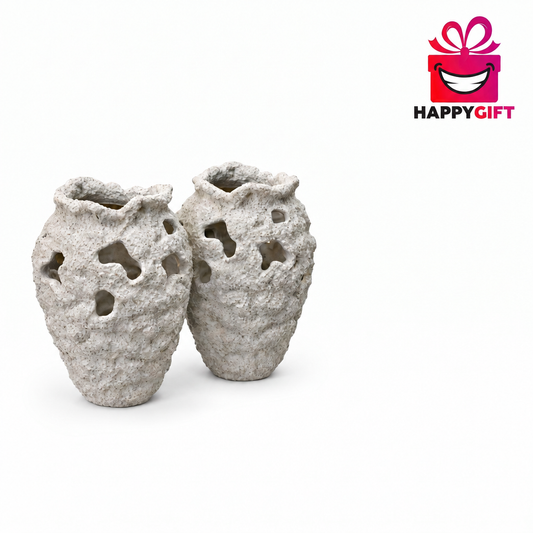 Textured Coral Stone Mini Vases – Pair of Cutout Wabi-Sabi Tabletop Lanterns (EACH)