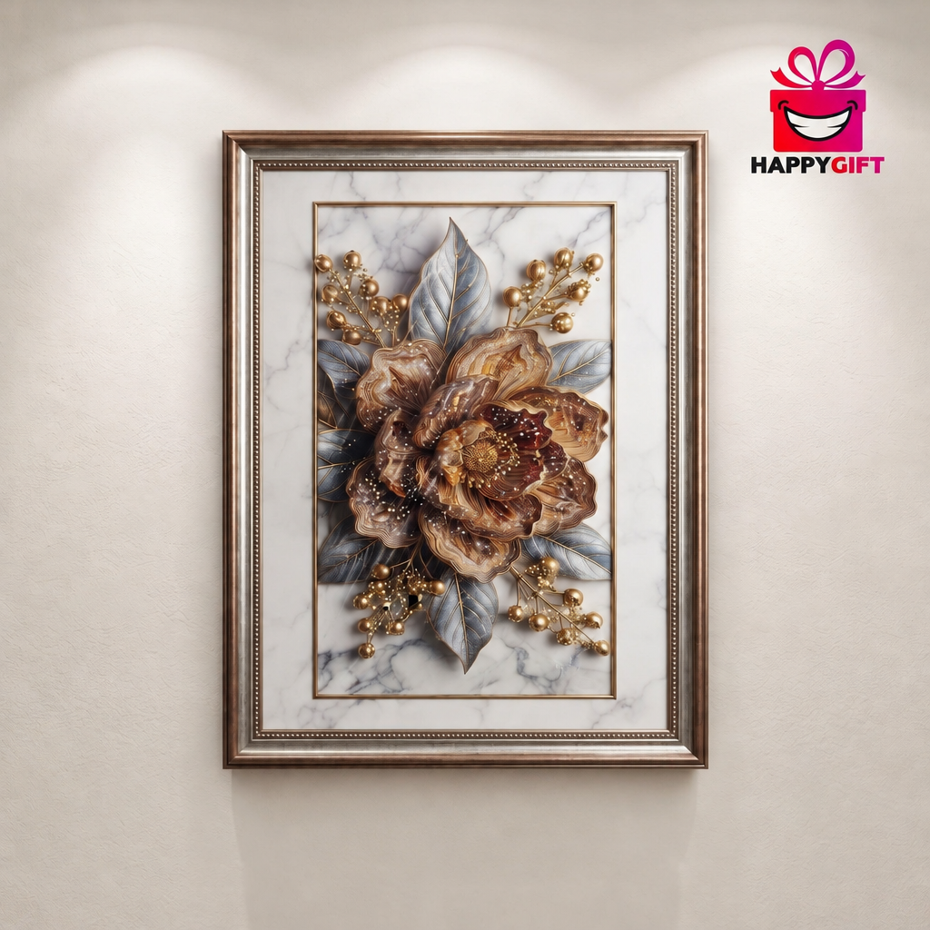 "The Opulent Bloom" - Framed 3D Metallic Floral Wall Art | HappyGift