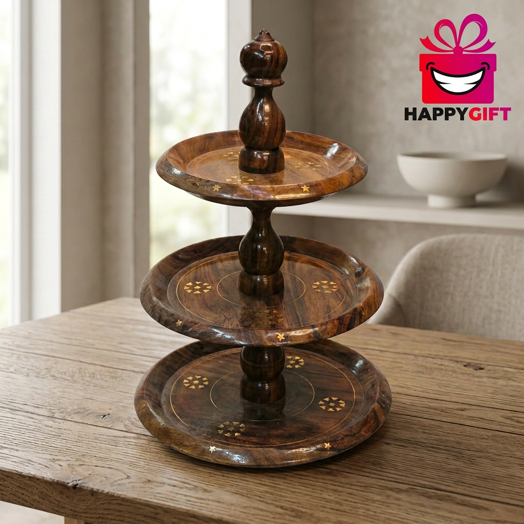 3-Tier Wooden Display Stand with Gold-Tone Details | Happy Gift
