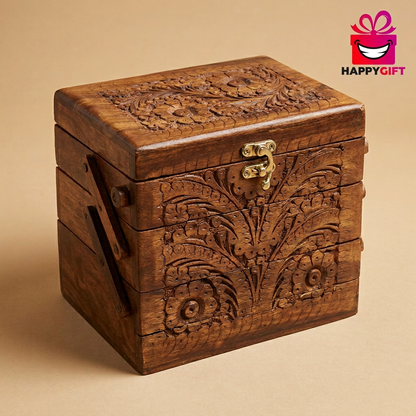 Carved Wooden Tiered Jewellery Box with Red Lining | Happy Gift