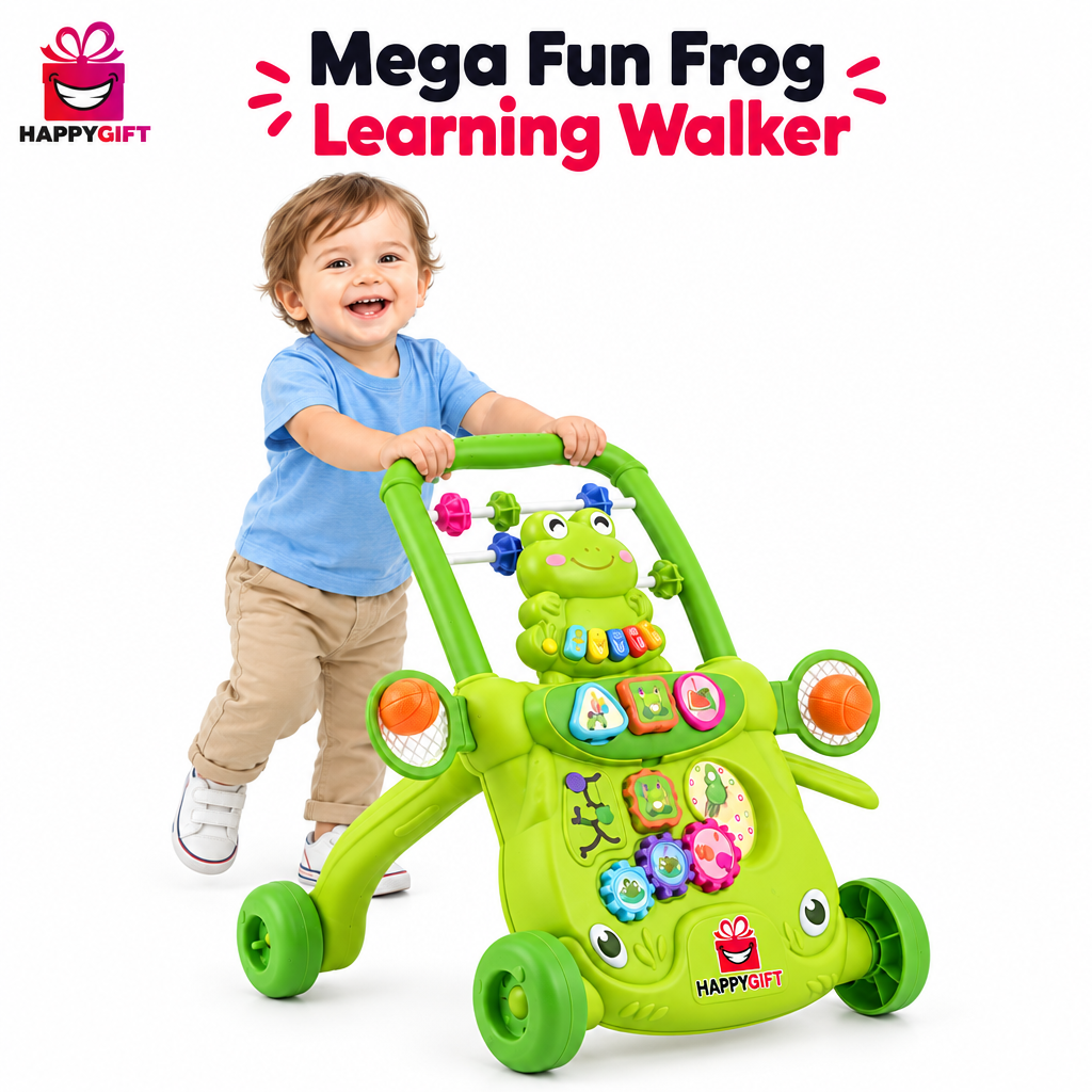 Toddler using walker with logo and title
