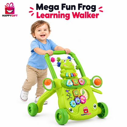Toddler using walker with logo and title