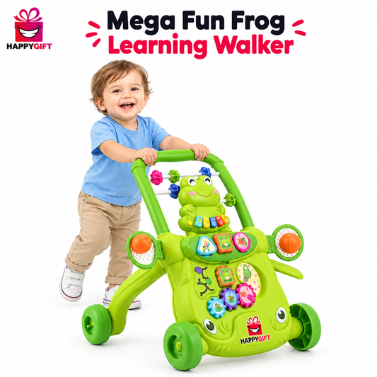 Toddler using walker with logo and title