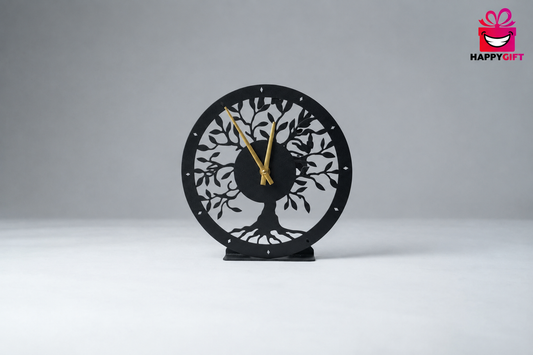 Modern Tree of Life Table Clock – Minimalist Matte Black & Gold Desk Decor