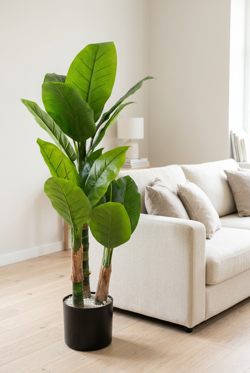Two-Trunk Broad-Leaf Plant in Black Planter | Happy Gift