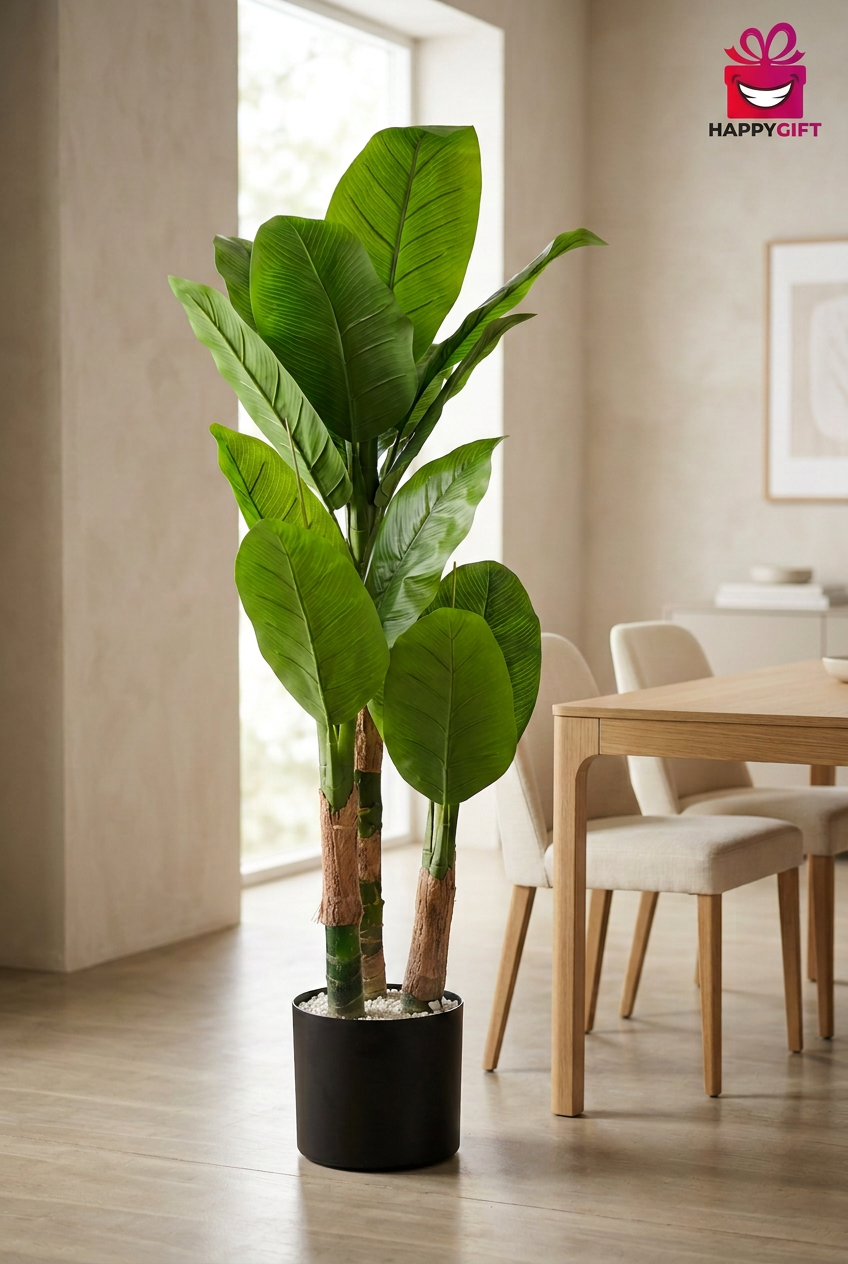 Two-Trunk Broad-Leaf Plant in Black Planter | Happy Gift