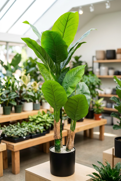 Two-Trunk Broad-Leaf Plant in Black Planter | Happy Gift