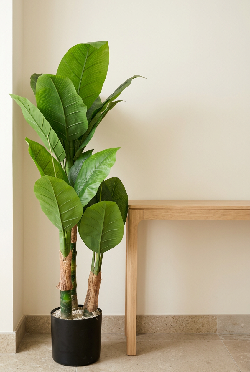 Two-Trunk Broad-Leaf Plant in Black Planter | Happy Gift