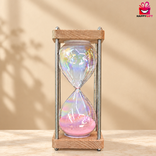 Vintage Wooden Frame Sand Hourglass – Holographic Rainbow Glass Decor