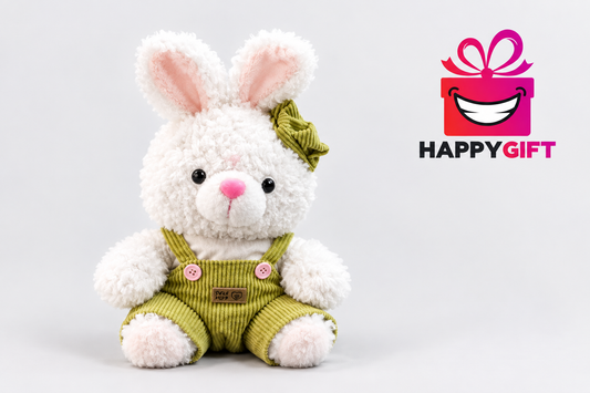 33CM White Bunny Plush Toy in Green Overalls – Happy Gift