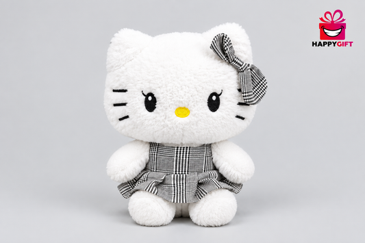 30CM White Cat Plush Toy in Grey Checked Dress & Bow | Happy Gift
