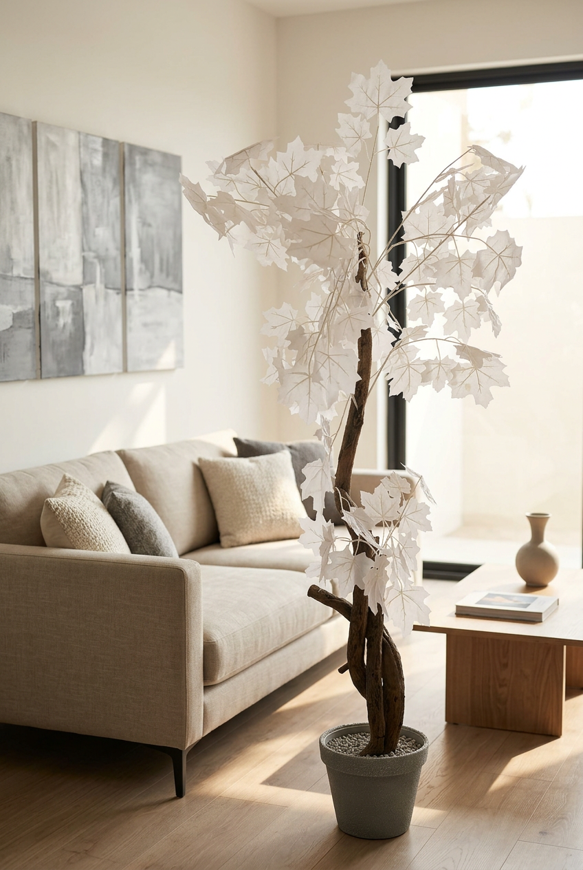 Artificial White Maple Leaf Tree in Gray Pot | Happy Gift HEIGHT 4.5 FT