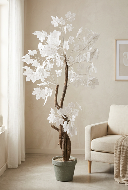 Artificial White Maple Leaf Tree in Gray Pot | Happy Gift HEIGHT 4.5 FT
