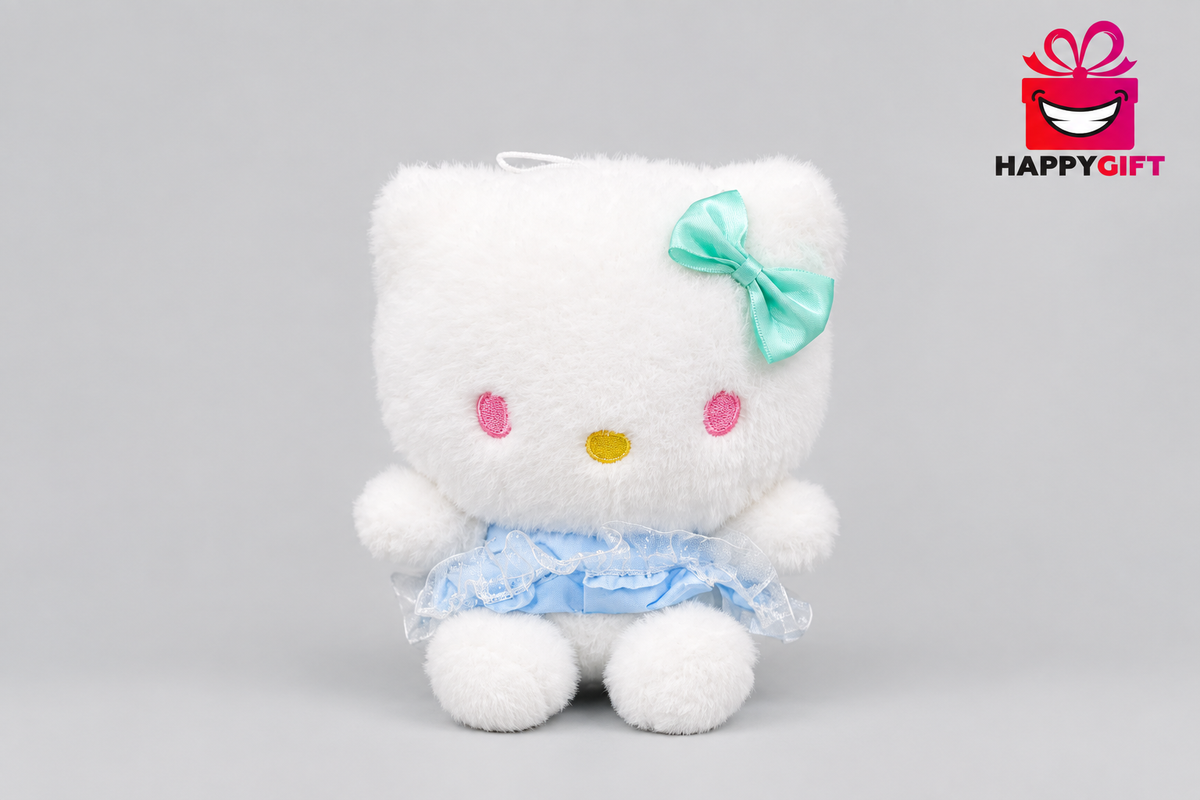 25CM White Plush Cat Soft Toy with Mint Green Bow | Happy Gift