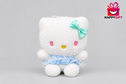 25CM White Plush Cat Soft Toy with Mint Green Bow | Happy Gift