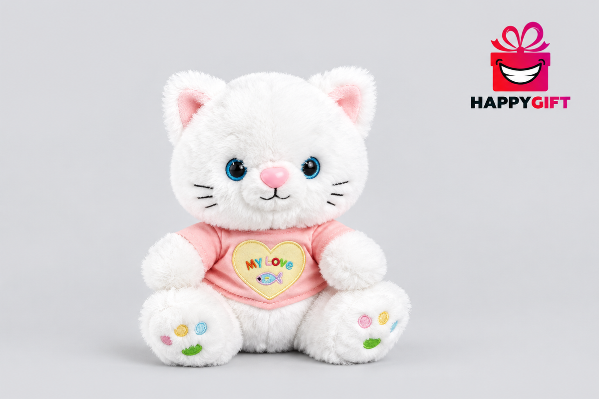 40CM White Cat Plush Toy with Pink Heart Shirt | Happy Gift