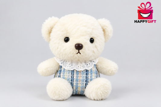 22CM White Teddy Bear Plush Toy – Soft Cuddly Bear with Lace Collar | Happy Gift