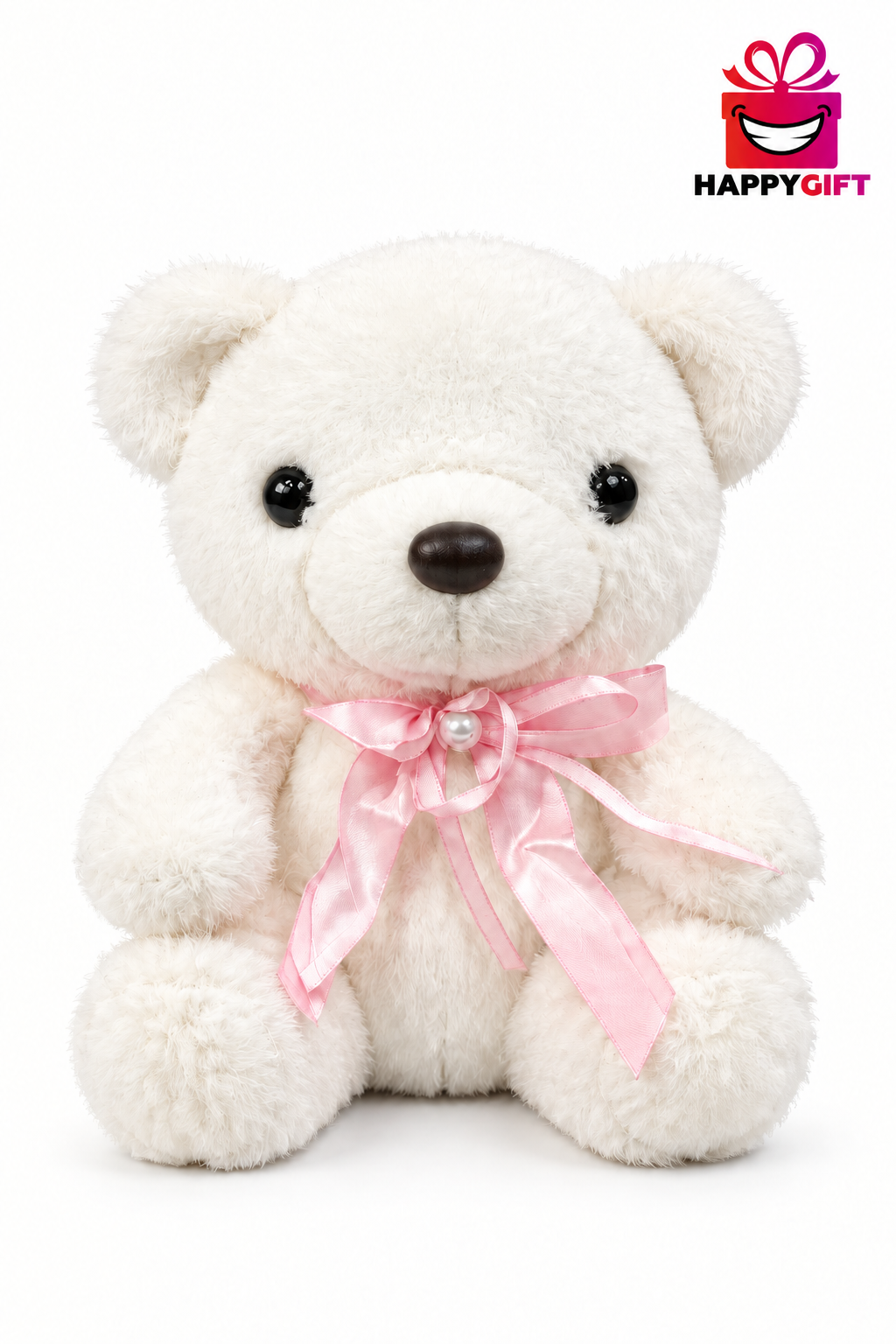20CM White Teddy Bear Soft Toy with Pink Satin Ribbon | Happy Gift
