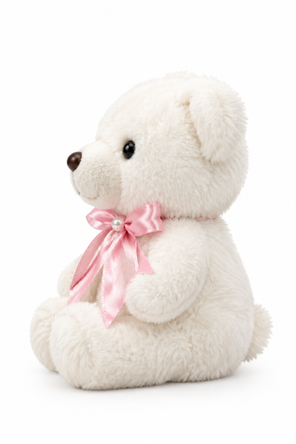 20CM White Teddy Bear Soft Toy with Pink Satin Ribbon | Happy Gift