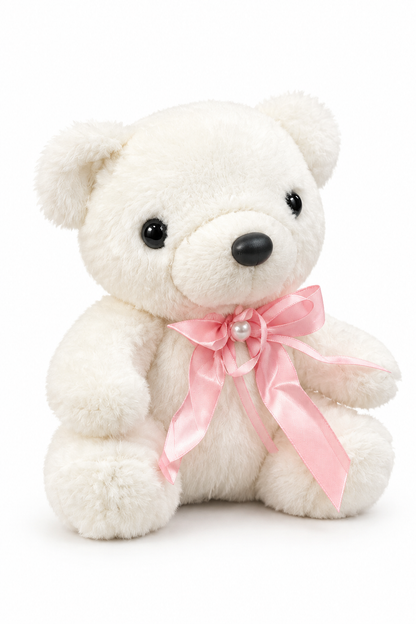 20CM White Teddy Bear Soft Toy with Pink Satin Ribbon | Happy Gift