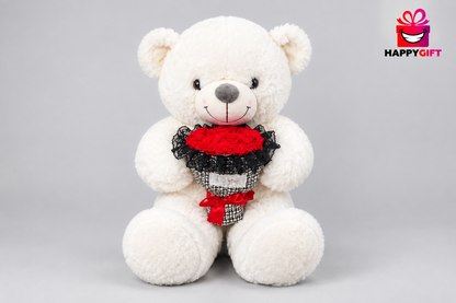 60CM White Teddy Bear Holding Red Roses, Romantic Gift | Happy Gift