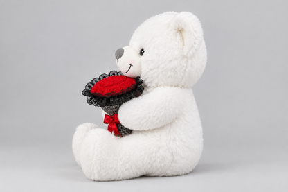 60CM White Teddy Bear Holding Red Roses, Romantic Gift | Happy Gift