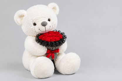 60CM White Teddy Bear Holding Red Roses, Romantic Gift | Happy Gift