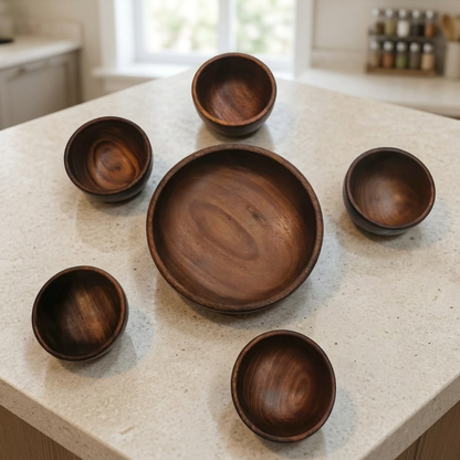 Dark Wooden Bowl Set of 6 – Large & Small Bowls | Happy Gift
