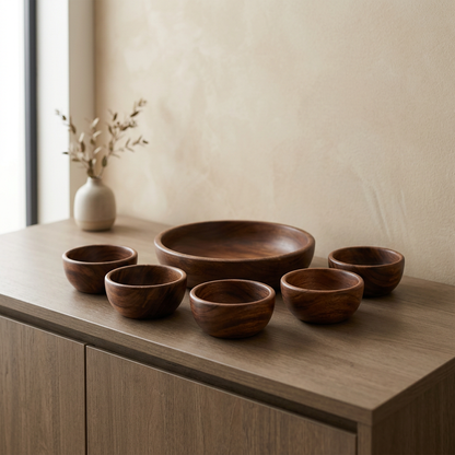 Dark Wooden Bowl Set of 6 – Large & Small Bowls | Happy Gift