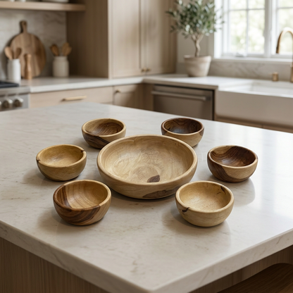Wooden Bowl Set of 7 – Large Bowl & 6 Small Bowls | Happy Gift