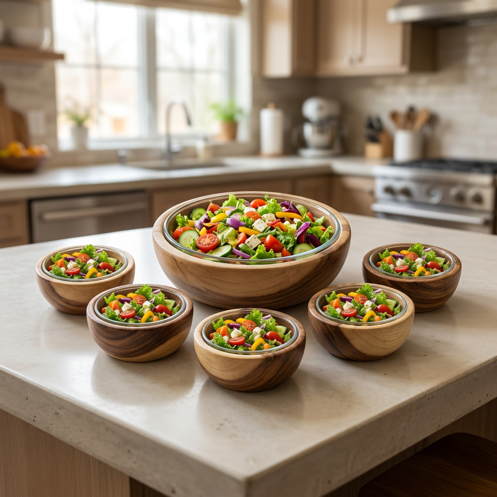 Wooden Bowl Set of 7 – Large Bowl & 6 Small Bowls | Happy Gift