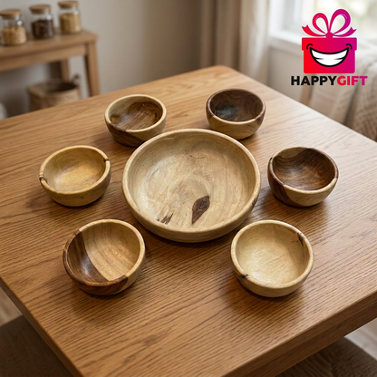 Wooden Bowl Set of 7 – Large Bowl & 6 Small Bowls | Happy Gift