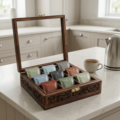 Carved Wooden Tea Box with Glass Lid – 9 Compartments | Happy Gift