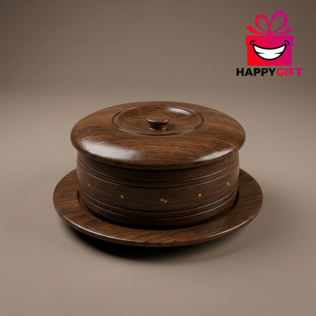 Round Wooden Container with Lid & Matching Plate | Happy Gift