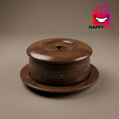 Round Wooden Container with Lid & Matching Plate | Happy Gift