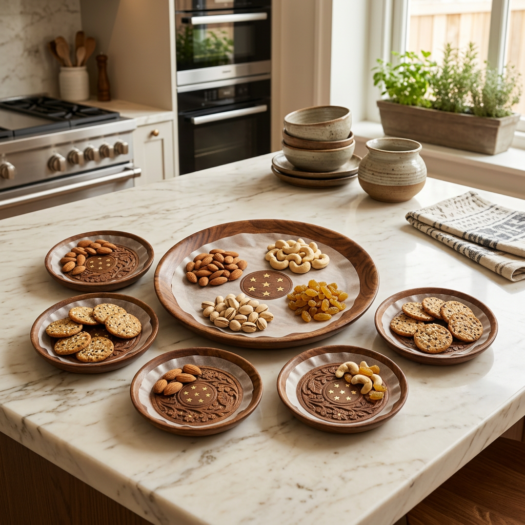 Carved Wooden Plate Set – 1 Large & 6 Small | Happy Gift
