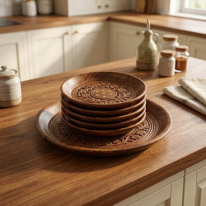 Carved Wooden Plate Set – 1 Large & 6 Small | Happy Gift