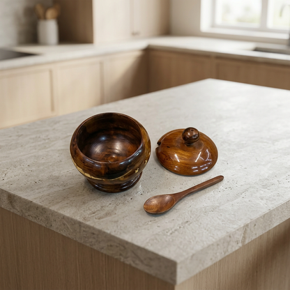 Wooden Pot with Lid & Spoon for Kitchen Décor | Happy Gift