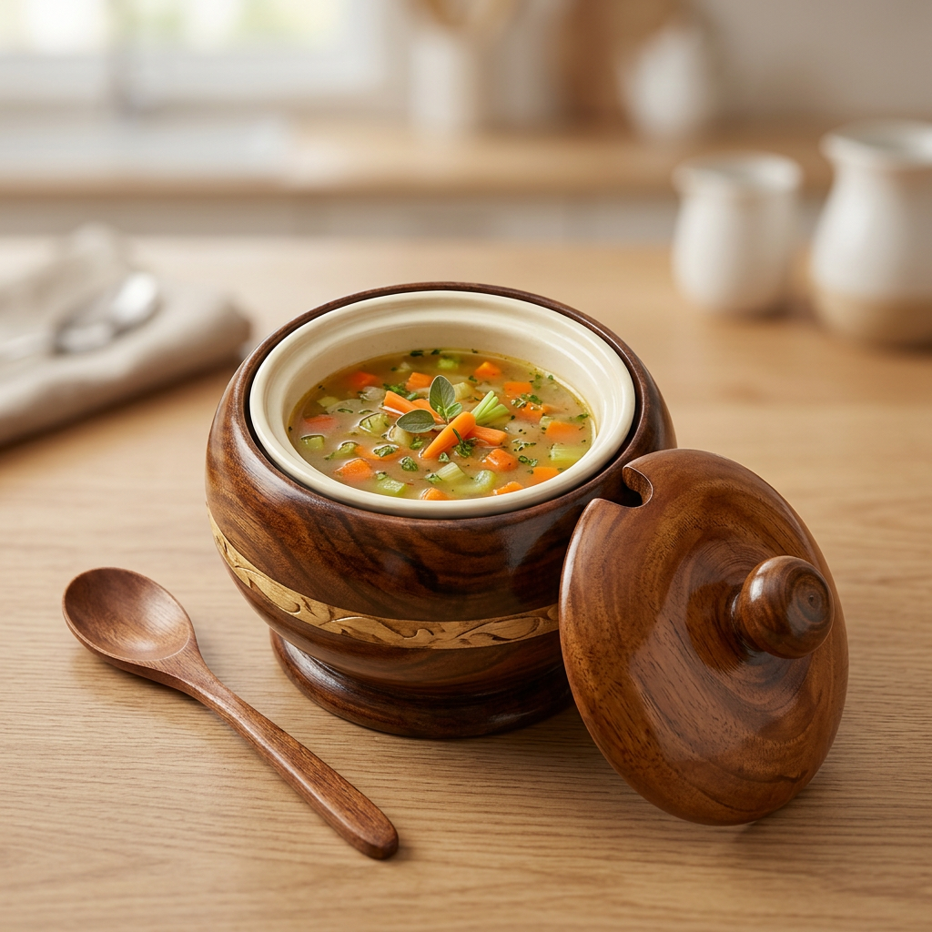 Wooden Pot with Lid & Spoon for Kitchen Décor | Happy Gift
