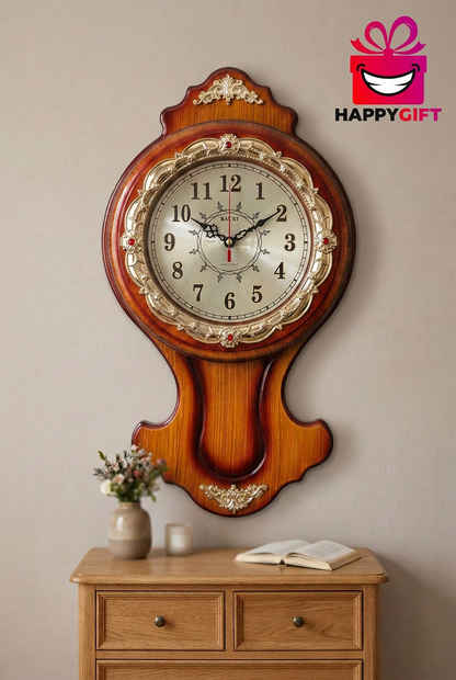 Vintage-Style Woodgrain Wall Clock with Gold Detailing – Happy Gift