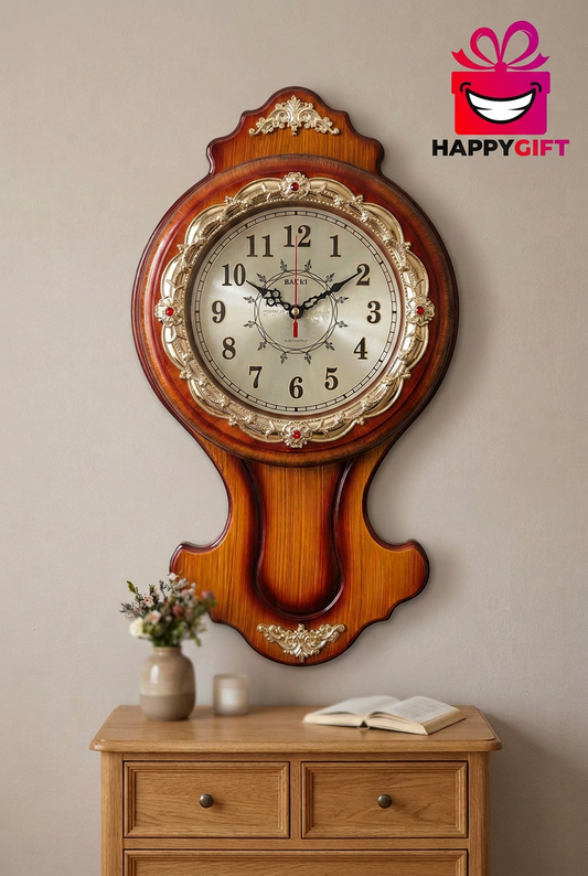 Vintage-Style Woodgrain Wall Clock with Gold Detailing – Happy Gift