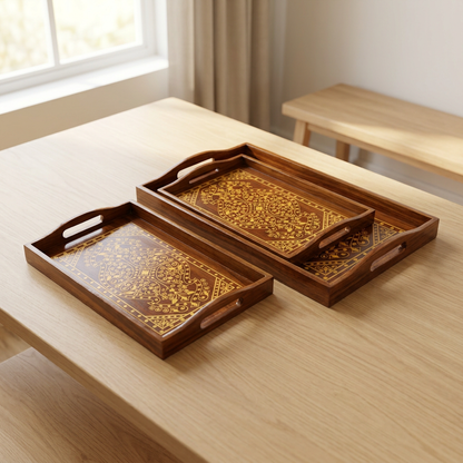 Wooden Serving Tray Set of 3 with Gold-Tone Design | Happy Gift