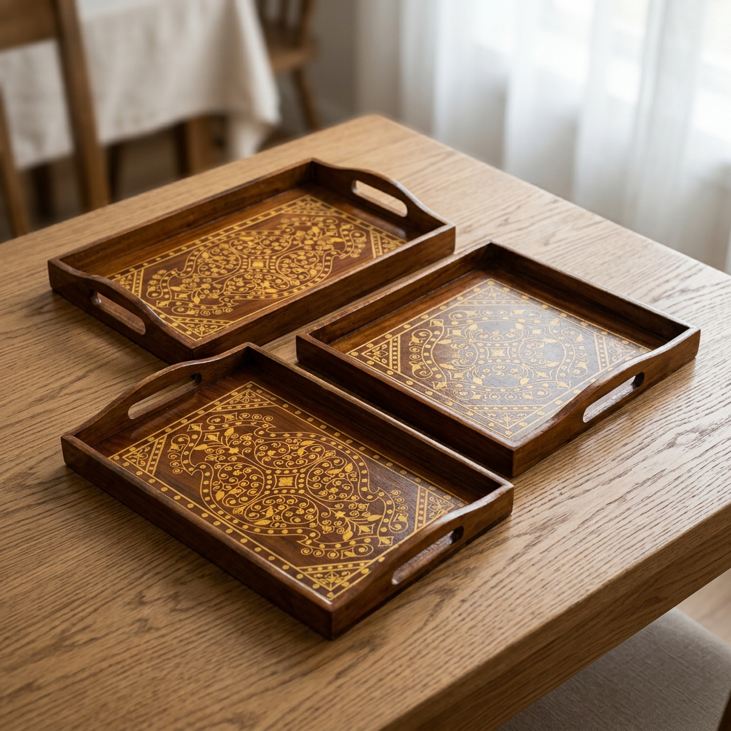 Wooden Serving Tray Set of 3 with Gold-Tone Design | Happy Gift