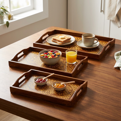 Wooden Serving Tray Set of 3 with Gold-Tone Design | Happy Gift