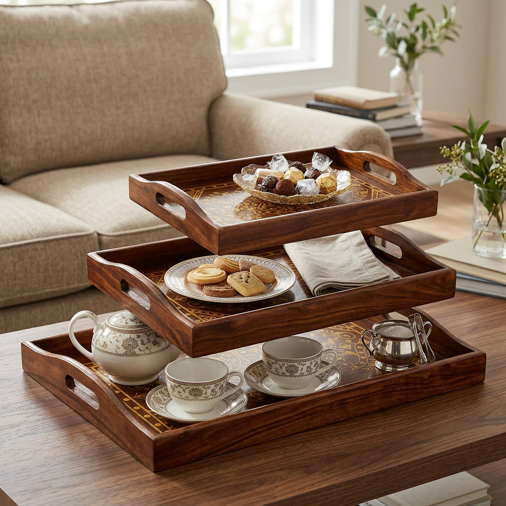 Wooden Serving Tray Set of 3 with Gold-Tone Design | Happy Gift