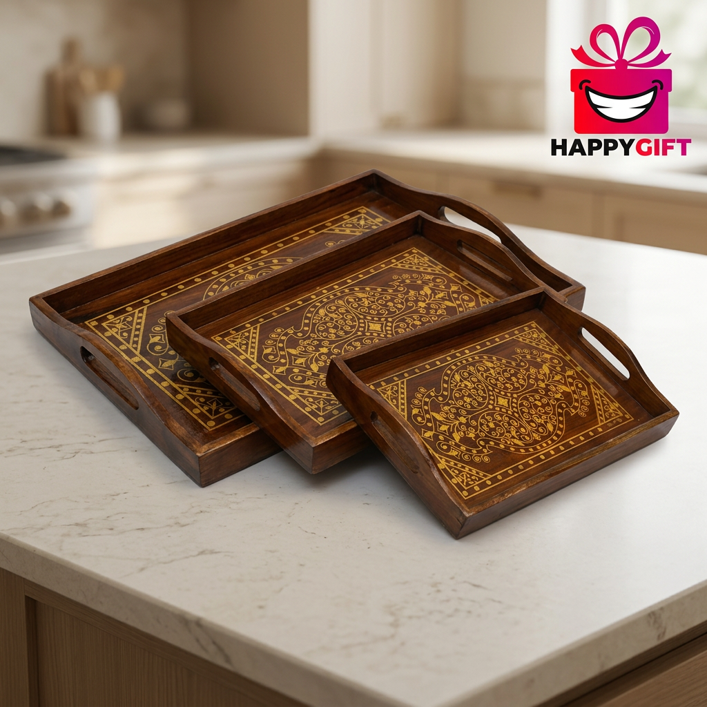 Wooden Serving Tray Set of 3 with Gold-Tone Design | Happy Gift
